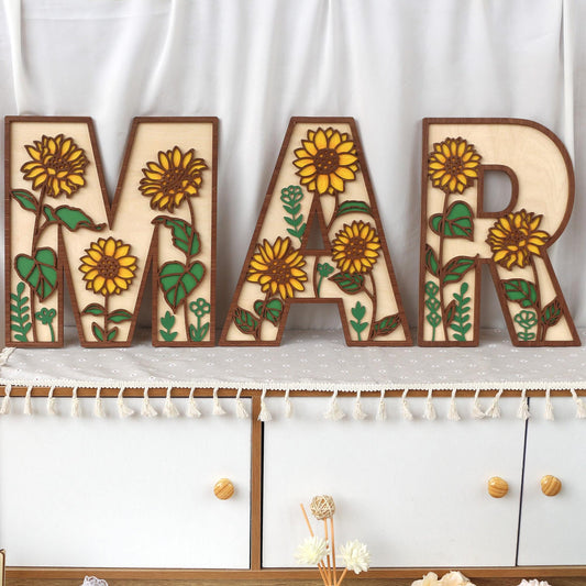 Sunflower Nursery Name Sign - Floral Wall Letters - 3D Wooden Wall Art - Baby Girl Room Decor - Baby Shower Gift - Birthday Gift